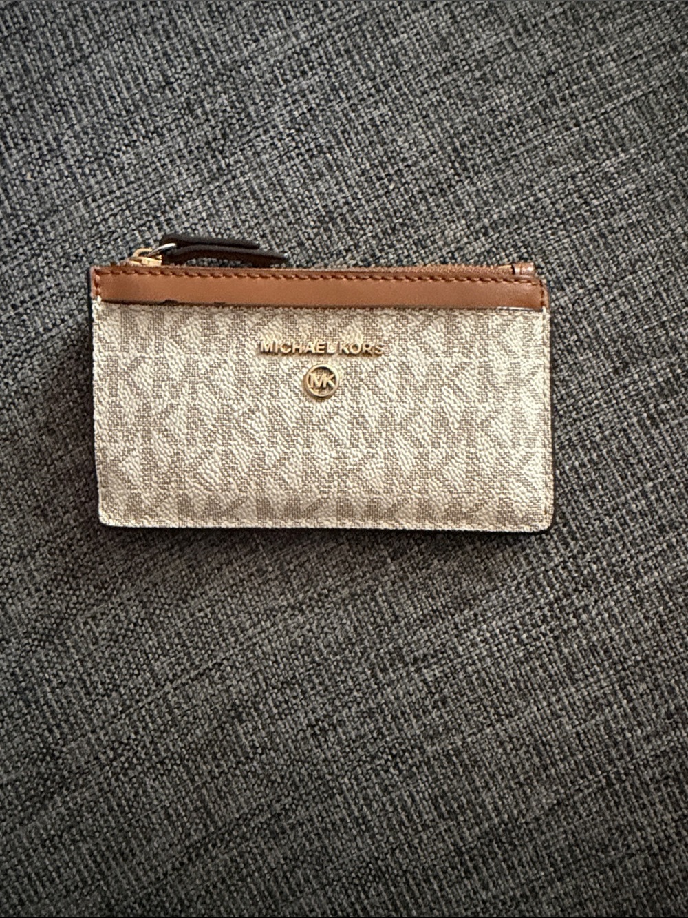 Michael Kors Beige Signature Zip Card Holder with Brown Trim